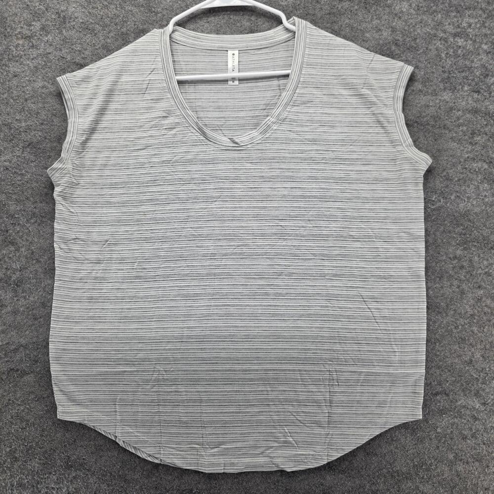 Athleta T-Shirt Womens M Gray Striped Basic V-Neck Stretch Lightweight
